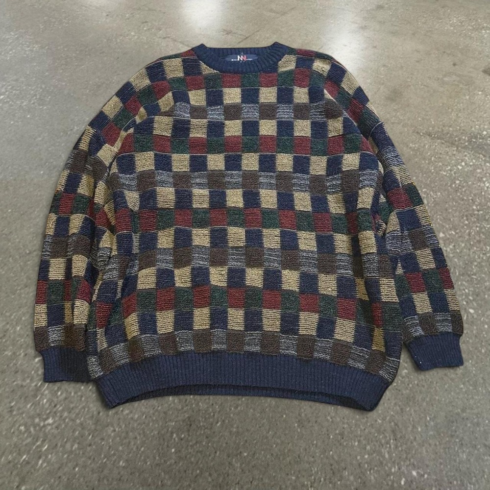 Vintage North Winds Multi Color Checkerboard Knit Wool Alpaca Sweater Mens XXL